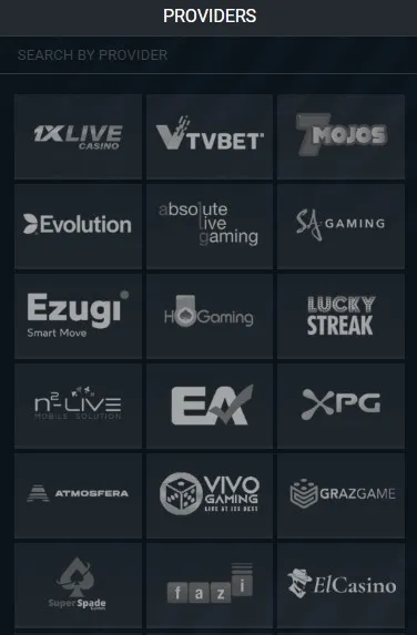Game providers at 1xBet Live Casino