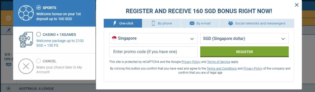 1xBet registration form