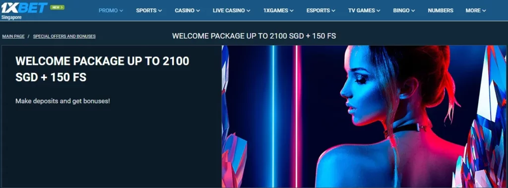 1xBet 2100 SGD + 150 Free Spins welcome bonus pack