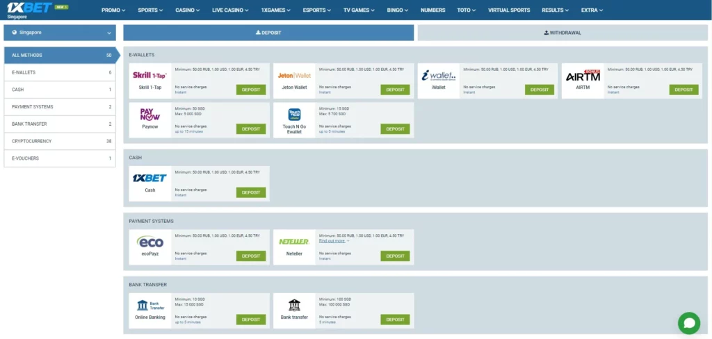 Payment methods in 1xBet mobile app