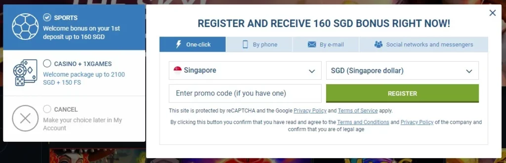 1xBet Singapore registration form