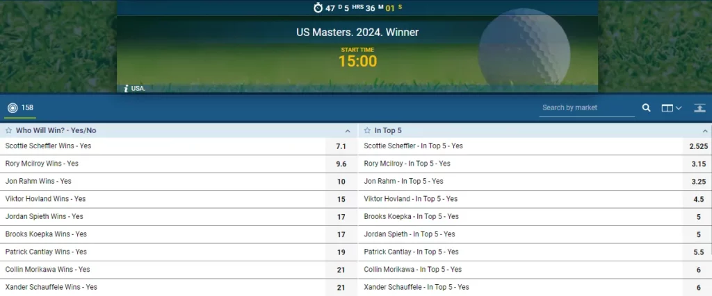 Golf Betting Odds at 1xBet Singapore